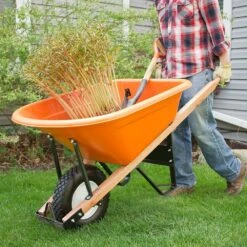 Poly Tray Wheelbarrow, Orange 6 Cu Ft Tray With Narrow, Diamond Tread Tire By A.M. Leonard -Amleos fwb6k 3