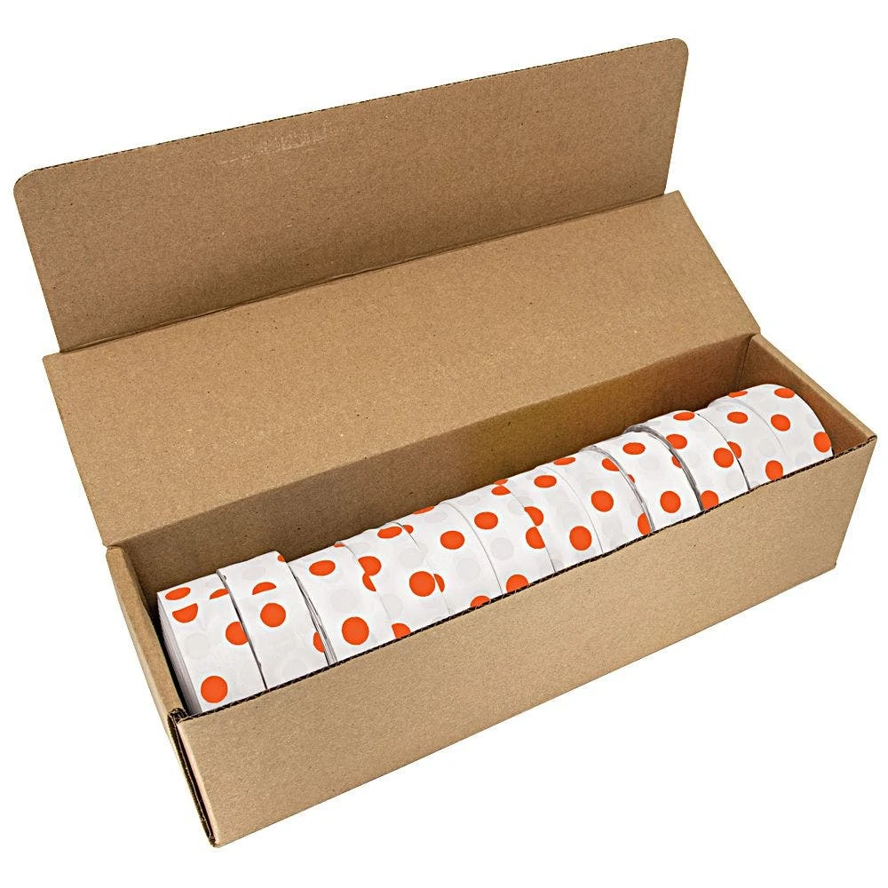 Flagging/Tagging Tape, White With Orange Polka Dots, 1-3/16in X 300ft, Non-Adhesive, Box Of 12 Rolls 3 Flagging/Tagging Tape, White With Orange Polka Dots, 1-3/16in X 300ft, Non-Adhesive, Box Of 12 Rolls