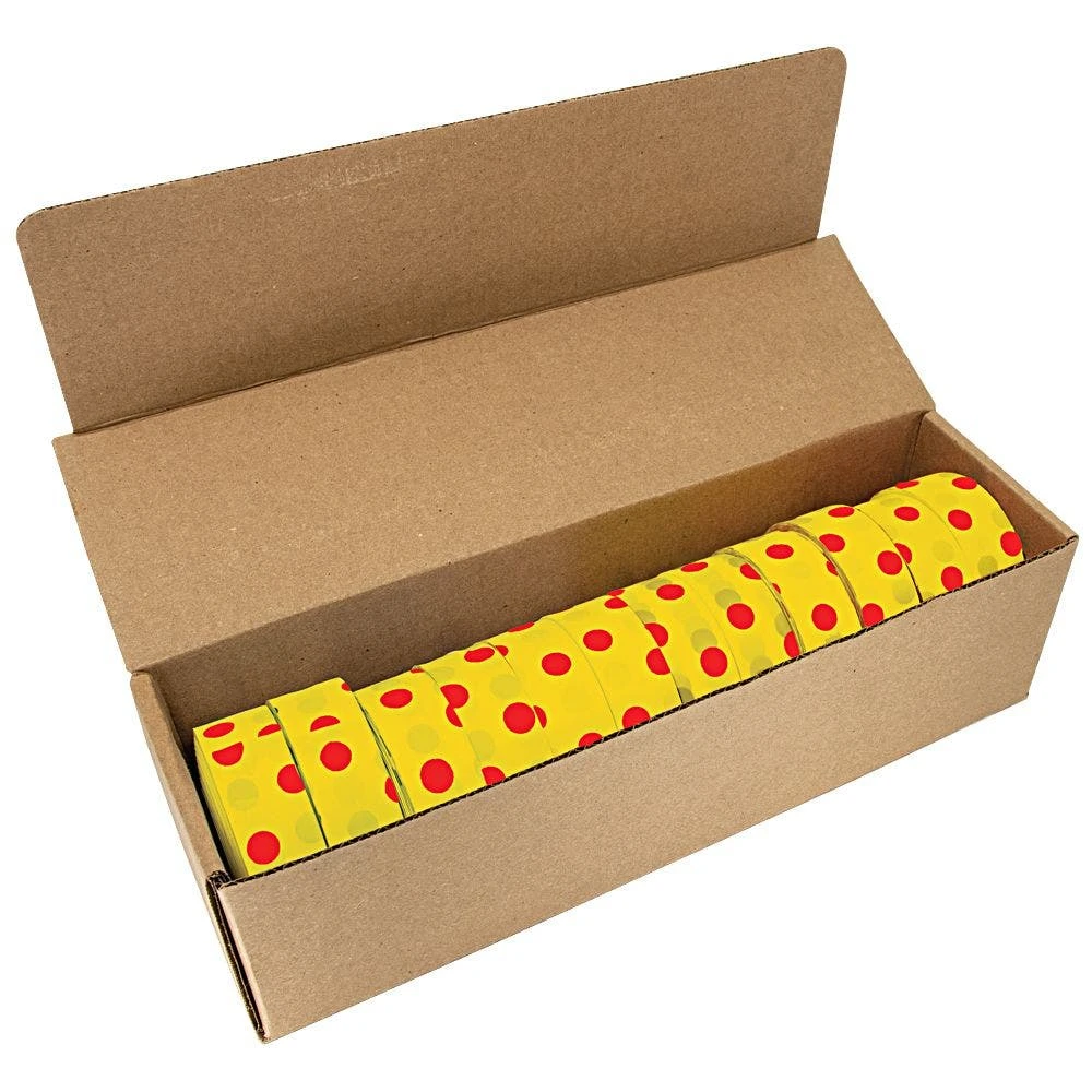 Flagging/Tagging Tape, Yellow With Red Polka Dots, 1-3/16in X 300ft, Non-Adhesive, Box Of 12 Rolls 3 Flagging/Tagging Tape, Yellow With Red Polka Dots, 1-3/16in X 300ft, Non-Adhesive, Box Of 12 Rolls