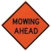 Roll-Up Non-Reflective Mesh Safety Sign, "Mowing Ahead", 36in Diamond Shape