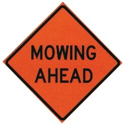 Roll-Up Non-Reflective Mesh Safety Sign, "Mowing Ahead", 36in Diamond Shape